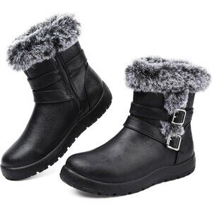Womens Black pu Snow Boots with Zipper Waterproof Leather Fur Lined Warm Ankle
